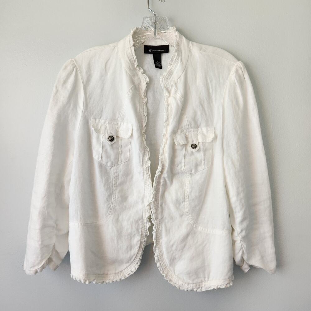 INC International Concepts Linen Jacket Women's L Ruffle White Coastal Boho Chic